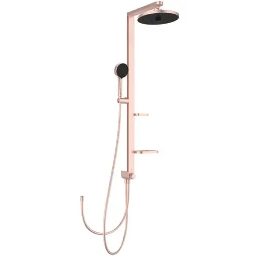 Duschsystem von Ideal Standard mit Handbrause, Kopfbrause und zwei Ablagen, in rosa Metalloptik, wandmontiert.
